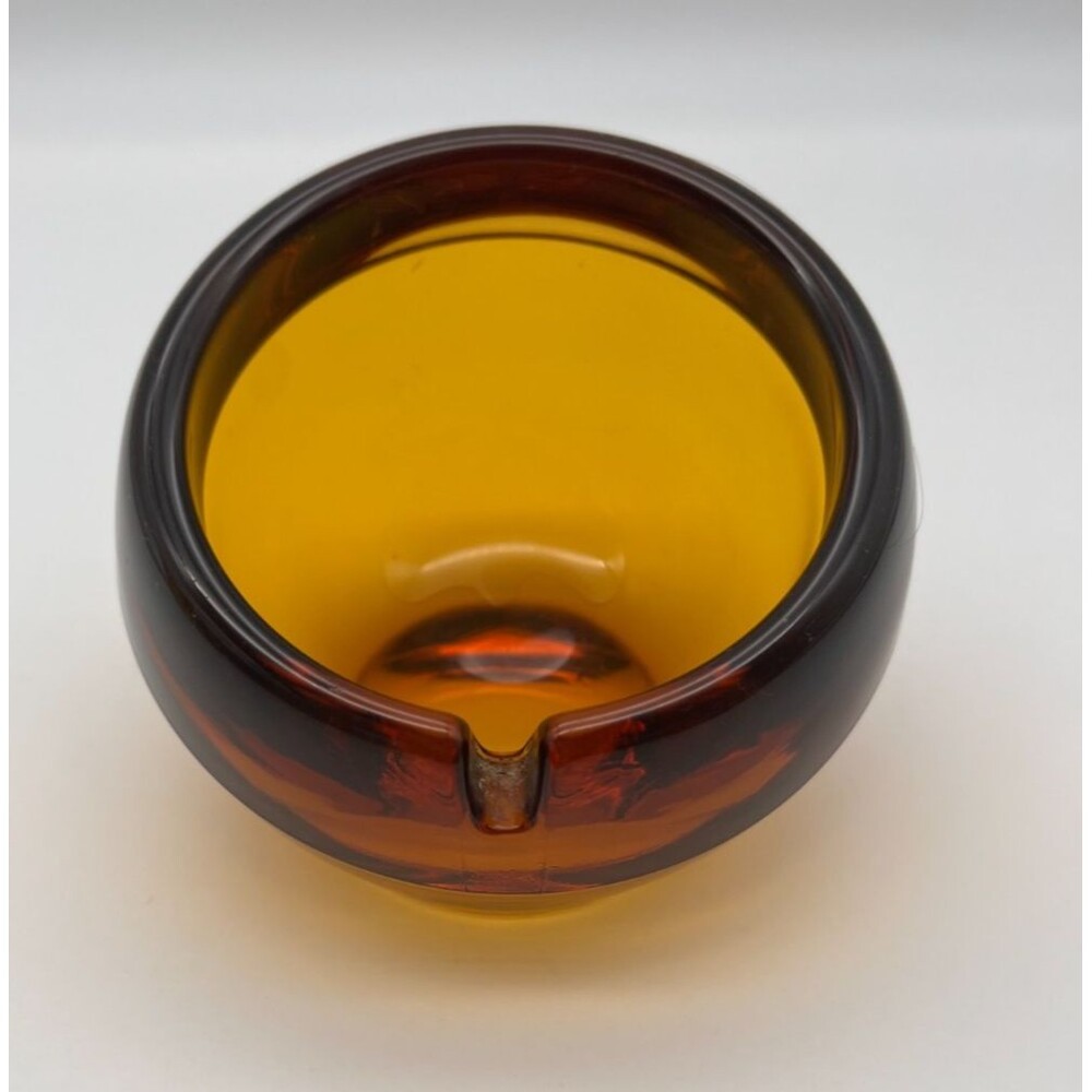 Viking Amber Glass Orb Ashtray Asymmetric Slant MCM Single Slot Vintage